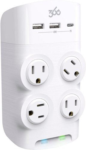 360 Electrical - Revolve45, 4 Rotating Outlets/2 USB-A and 1 USB-C 1080 Joules Surge Protector - White