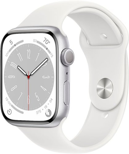 Apple Geek Squad Certified Refurbished Watch Series 8 (GPS) 45mm Aluminum Case with White Sport Band - M/L - Silver