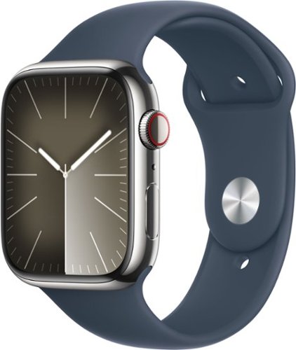 Apple Watch Series 9 (GPS + Cellular) 45mm Silver Stainless Steel Case with Storm Blue Sport Band w/ Blood Oxygen - M/L - Silver (AT&T)