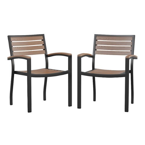 Flash Furniture - Lark Set of 2 Stackable All-Weather Black Aluminum Patio Chairs with Faux Slats - Teak