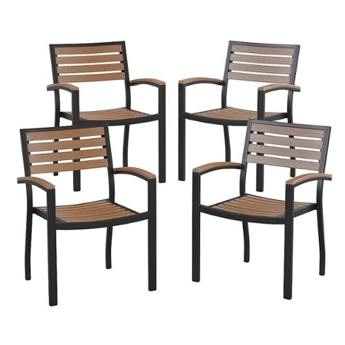 Flash Furniture - Lark Set of 4 Stackable All-Weather Black Aluminum Patio Chairs with Faux Slats - Teak