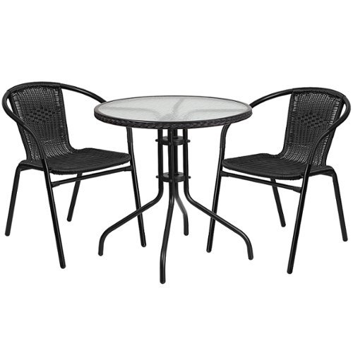 Flash Furniture - Lila Outdoor Round Contemporary Metal 3 Piece Patio Set - Clear Top/Black Rattan