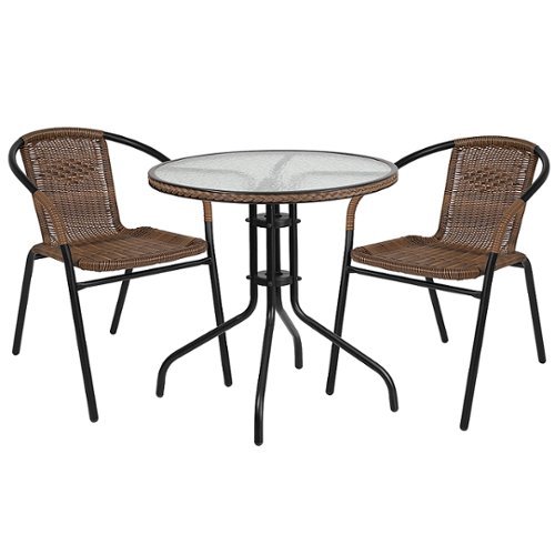 Flash Furniture - Lila Outdoor Round Contemporary Metal 3 Piece Patio Set - Clear Top/Dark Brown Rattan