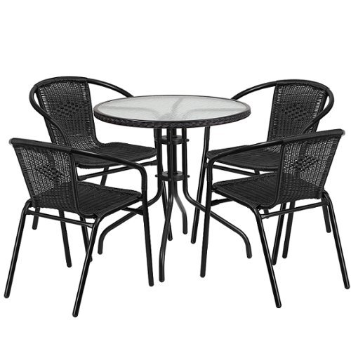 Flash Furniture - Lila Outdoor Round Contemporary Metal 5 Piece Patio Set - Clear Top/Black Rattan