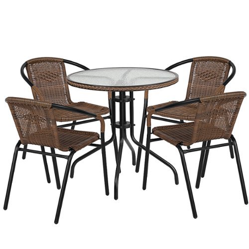 Flash Furniture - Lila Outdoor Round Contemporary Metal 5 Piece Patio Set - Clear Top/Dark Brown Rattan