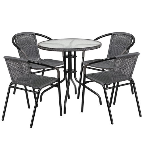 Flash Furniture - Lila Outdoor Round Contemporary Metal 5 Piece Patio Set - Clear Top/Gray Rattan