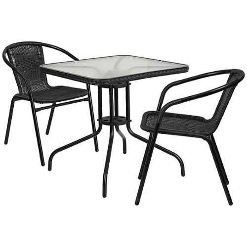 Flash Furniture - Lila Outdoor Square Contemporary Metal 3 Piece Patio Set - Clear Top/Black Rattan