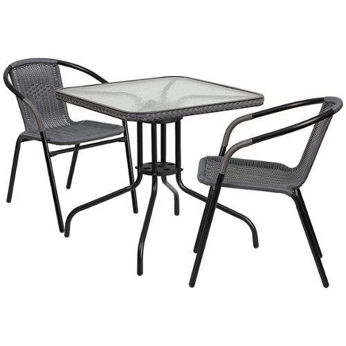 Flash Furniture - Lila Outdoor Square Contemporary Metal 3 Piece Patio Set - Clear Top/Gray Rattan