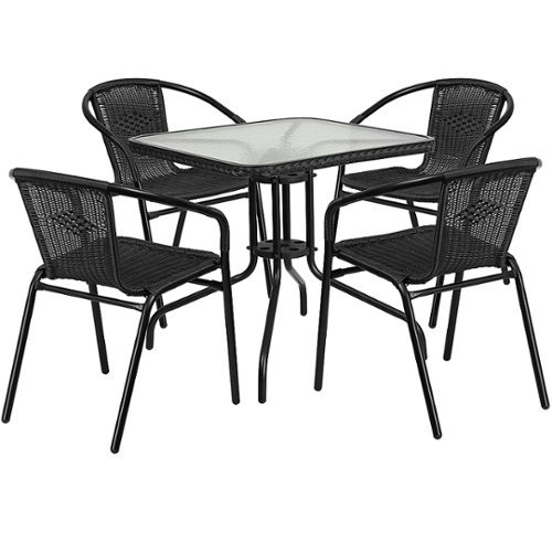 Flash Furniture - Lila Outdoor Square Contemporary Metal 5 Piece Patio Set - Clear Top/Black Rattan