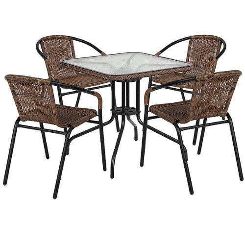 Flash Furniture - Lila Outdoor Square Contemporary Metal 5 Piece Patio Set - Clear Top/Dark Brown Rattan