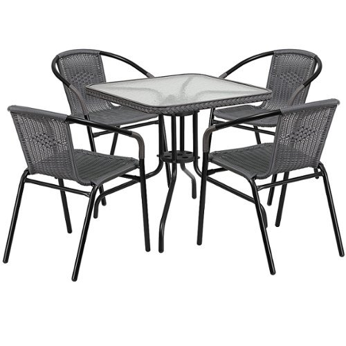 Flash Furniture - Lila Outdoor Square Contemporary Metal 5 Piece Patio Set - Clear Top/Gray Rattan