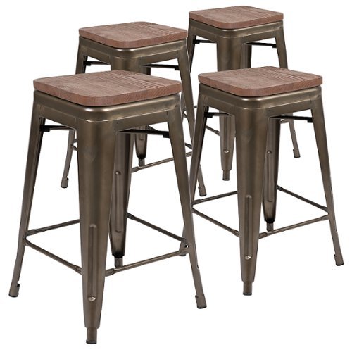 Flash Furniture - Metal Frame Bar Stool with Wood Seat (set of 4) - Gun Metal