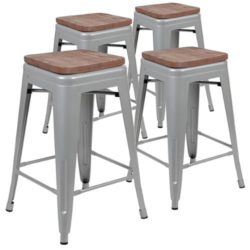 Flash Furniture - Metal Frame Bar Stool with Wood Seat (set of 4) - Silver