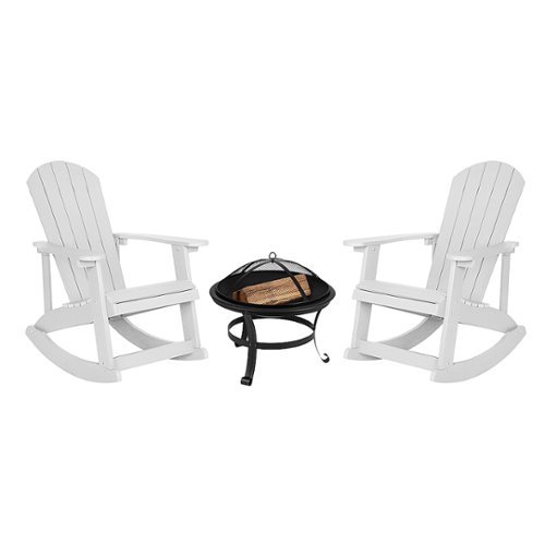 Flash Furniture - Savannah Set of 2 Poly Resin Adirondack Rocking Chairs with 22" Round Fire Pit - White