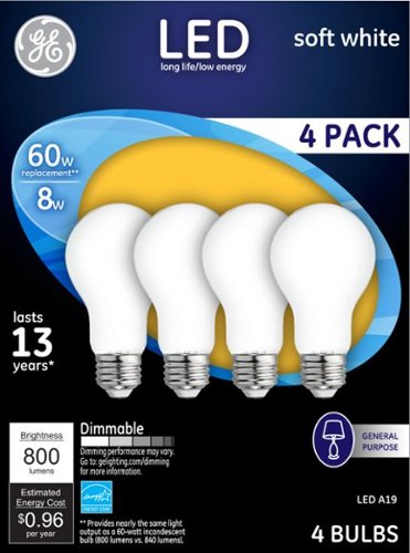 GE - 800-Lumen, 8W Dimmable A19 LED Light Bulb, 60W Equivalent (4-Pack) - Soft White