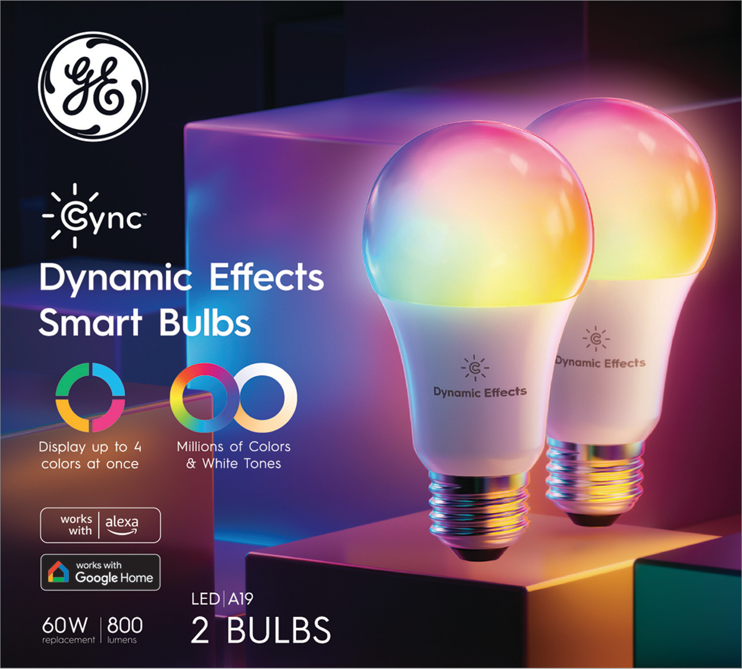 GE - Cync Dynamic Effects A19 Smart LED Bulbs (2-Pack) - Full Color