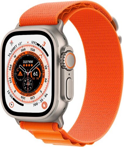 Geek Squad Certified Refurbished Apple Watch Ultra (GPS + Cellular) 49mm Titanium Case with Orange Alpine Loop - Large - Titanium