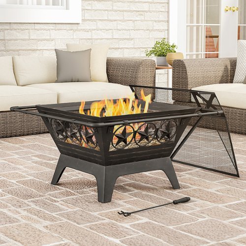 Pure Garden - 32" Outdoor Deep Fire Pit- Square Large Steel Bowl with Star Design, Mesh Spark Screen, Log Poker & Storage Cover - Black