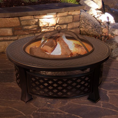 Pure Garden - Fire Pit Set, Wood Burning Pit - Includes Spark Screen and Log Poker, 32" Round Metal Firepit - Black/Copper