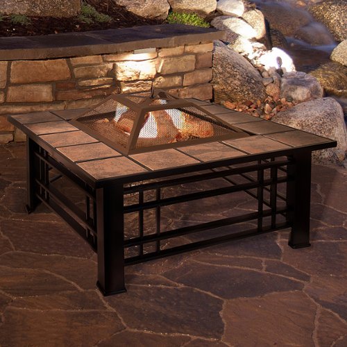 Pure Garden - Fire Pit Set, Wood Burning Pit Includes Spark Screen and Log Poker Great for Outdoor and Patio, 32" Square Tile Firepit - Black and Orange Marbled