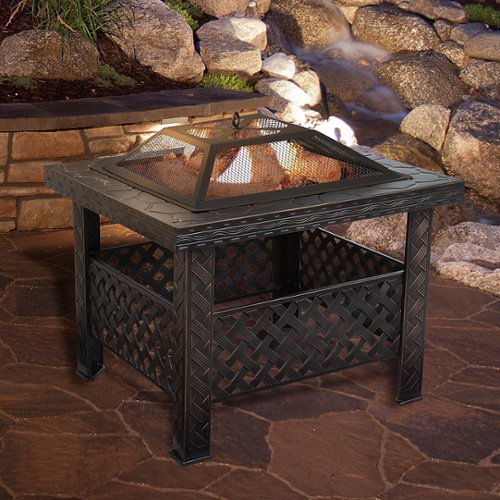 Pure Garden - Fire Pit Set, Wood Burning Pit With Spark Screen, Cover and Log Poker, 26" Woven Metal Square Firepit - Bronze