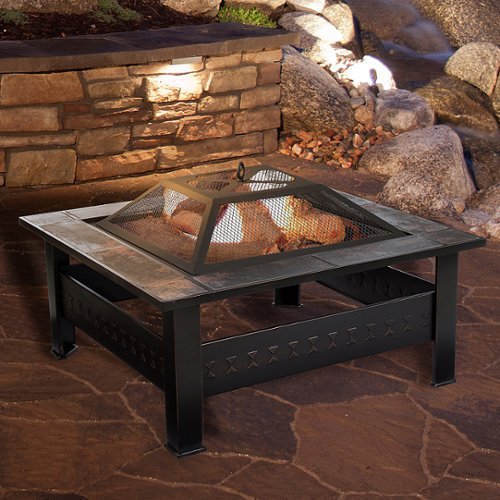 Pure Garden - Fire Pit Set, Wood Burning Pit With Spark Screen, Cover and Log Poker, 32" Marble Tile Square Firepit - Bronze, orange marbled