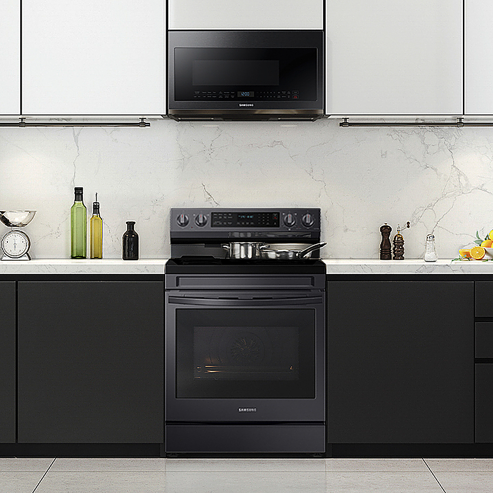 Samsung - Open Box 6.3 cu. ft. Freestanding Electric Convection+ Range with WiFi, No-Preheat Air Fry and Griddle - Black Stainless Steel