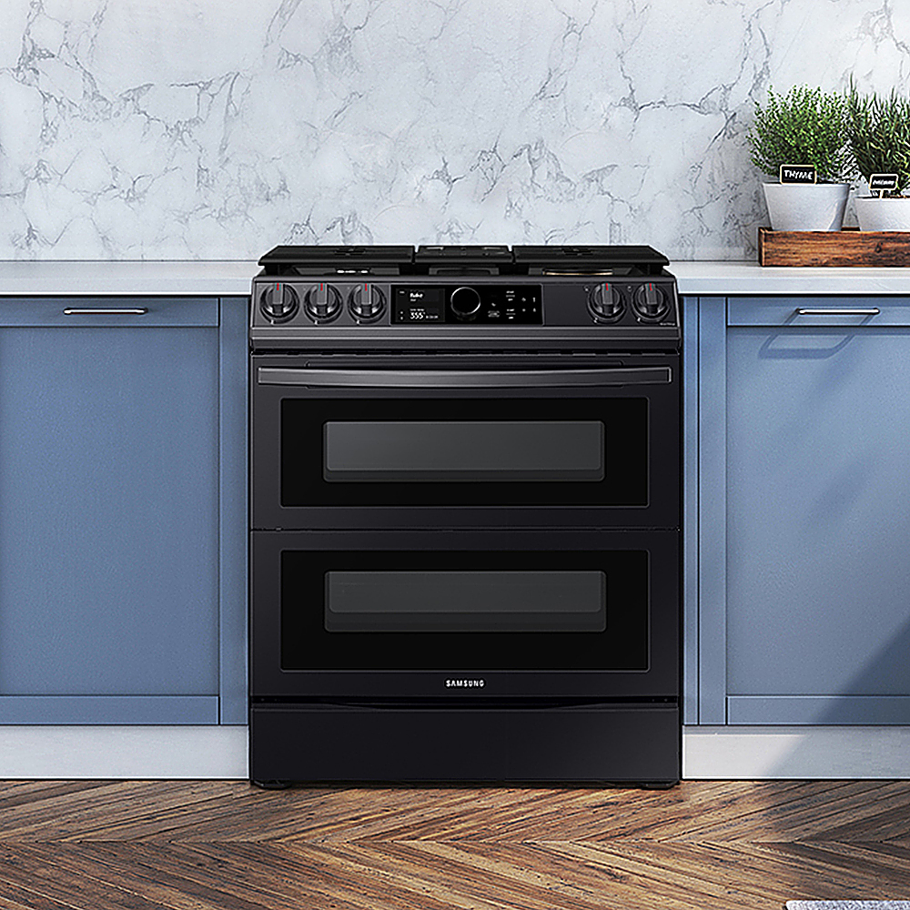 Samsung - Open Box Flex Duo 6.3 cu. ft. Front Control Slide-in Dual Fuel Range with Smart Dial, Air Fry & WiFi - Black Stainless Steel