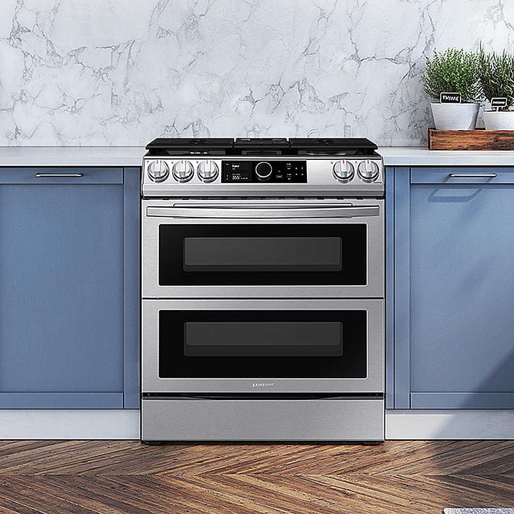 Samsung - Open Box Flex Duo 6.3 cu. ft. Front Control Slide-in Dual Fuel Range with Smart Dial, Air Fry & WiFi - Stainless Steel