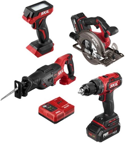 Skil - PWR CORE 20 Brushless 20V 4-Tool Kit: Drill Driver, Reciprocating Saw, Circular Saw and LED Light - Red/Black