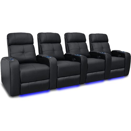 Valencia Theater Seating - Valencia Verona Row of 4 Top Grain Genuine Leather 9000 LED Cup Holders Home Theater Seating - Black