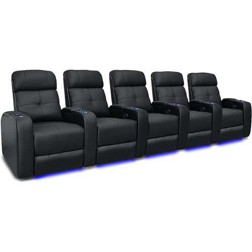 Valencia Theater Seating - Valencia Verona Row of 5 Top Grain Genuine Leather 9000 LED Cup Holders Home Theater Seating - Black